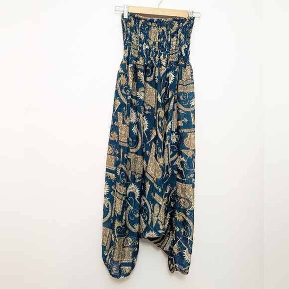 The Unbranded Brand Pants - Indian Silk Teal Blue & Gold Printed Harem Pants OS Boho Festival Yoga